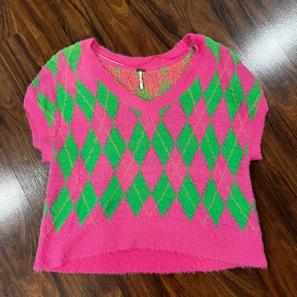 Free People Sweater Womens Pink Argyle Through The Motions Vest - Picture 2 of 8